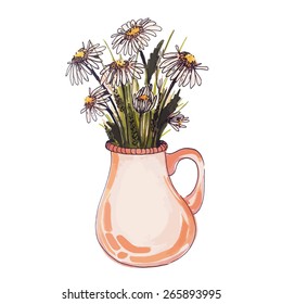 Hand drawn cute spring bunch of chamomile in a clay jug. Suitable for greeting cards, invitations, wedding decorative elements. Isolated on white.