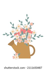 Hand drawn Cute Spring flower bouquet in watering can illustration