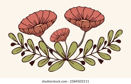 Hand drawn cute spring flowers and branches isolated on white background. Template for postcards, covers. Vector illustration.