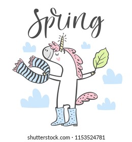 Hand drawn cute spring unicorn isolated on white background. Design element for greeting cards, t-shirt and other. Vector illustration.