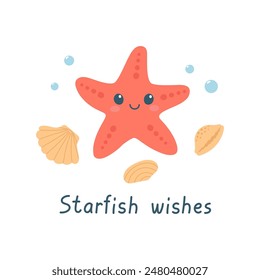 Hand drawn cute starfish, seashells and text. Marine life animals. Template for print, greeting card and invitation. Isolated vector illustration. 