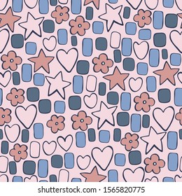 Hand drawn cute stars and hearts. Vector  seamless pattern.