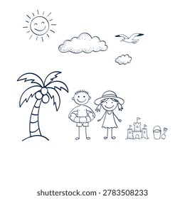 Hand drawn cute stick figures boy and girl on summer beach vacation. Vector illustration with sun, cloud, palm tree, sand castle and sea gull.