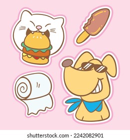 Hand drawn cute stickers set. Dog, cat, ice cream, toilet tissue