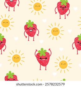 Hand drawn cute strawberry fruit seamless pattern. Suitable for use for wallpaper, backdrop, wrapping paper, fabrics, textile, packaging, etc