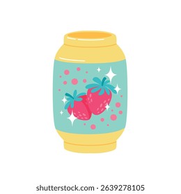 Hand drawn cute strawberry lemonade in can. Sweet beverage design vector illustration