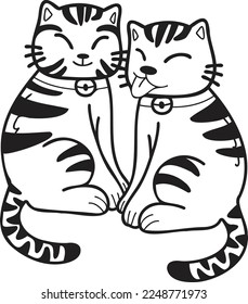 Hand Drawn cute striped cat smile illustration in doodle style isolated on background