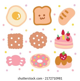 Hand drawn in a cute style. Food, bakery, bread, cake, dessert, cookie, candy, donuts illustration set.