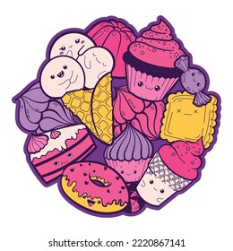 Hand drawn cute style vector desserts. Round colorful background with ice cream, cupcake, candy, meringue, donut. Joyful characters for candy store, bakery menu design.