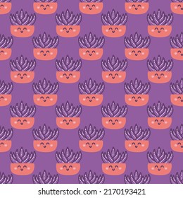 Hand drawn cute succulent house plants in pots, vector seamless pattern for fabric, wallpapers.