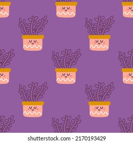 Hand drawn cute succulent house plants in pots, vector seamless pattern for fabric, wallpapers.