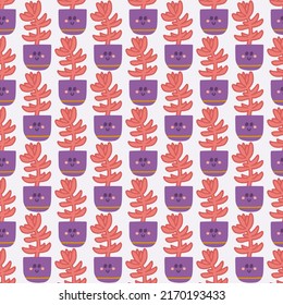 Hand drawn cute succulent house plants in pots, vector seamless pattern for fabric, wallpapers.