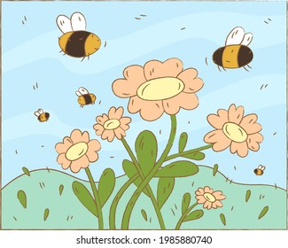 Hand drawn cute summer blooming flowers and bees are flying around, summer time, bees and flowers, outdoor. Vector illustration