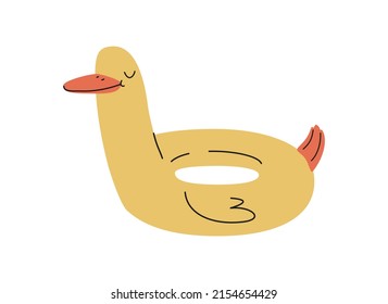 Hand drawn cute summer cartoon illustration of inflatable ring in duck shape. Flat vector floating swim tube sticker in colored doodle style. Swimming pool, beach accessory icon or print. Isolated.