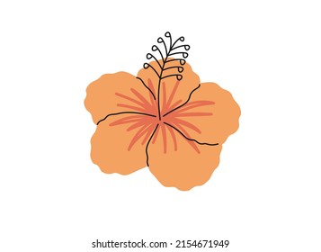 Hand drawn cute summer cartoon illustration of hibiscus flower. Flat vector tropical floral sticker in simple colored doodle style. Exotic botany icon or print. Isolated on white background.