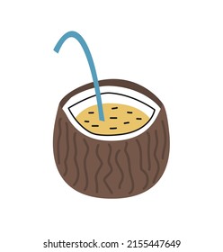 Hand drawn cute summer cartoon illustration of coconut cocktail with straw. Flat vector exotic drink sticker in simple colored doodle style. Fresh beverage icon or print. Isolated on white background.