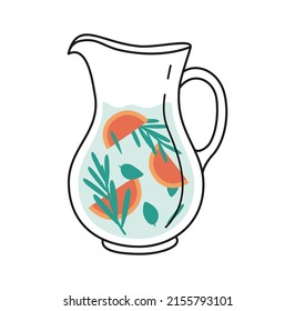 Hand drawn cute summer cartoon illustration lemonade or mojito jug. Flat vector cold drink sticker in simple colored doodle style. Fresh cocktail icon or print. Isolated on white background.