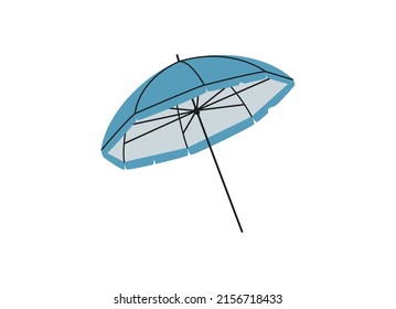 Hand drawn cute summer cartoon illustration of beach umbrella or sunshade. Flat vector parasol sticker in colored doodle style. Pool, sea, tourism accessory icon or print. Isolated on white background