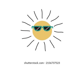 Hand drawn cute summer cartoon illustration of sun with sunglasses. Flat vector sunlight sticker in colored doodle style. Hot weather icon or print. Isolated on white background