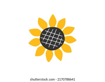 Hand drawn cute summer cartoon illustration of sunflower. Flat vector farm floral sticker in simple colored doodle style. Helianthus icon or print. Isolated on white background.