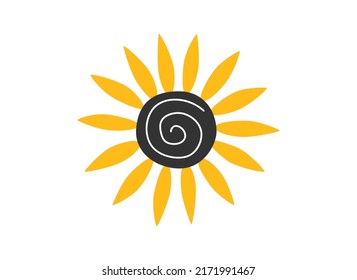 Hand drawn cute summer cartoon illustration of sunflower. Flat vector farm floral sticker in simple colored doodle style. Helianthus icon or print. Isolated on white background.