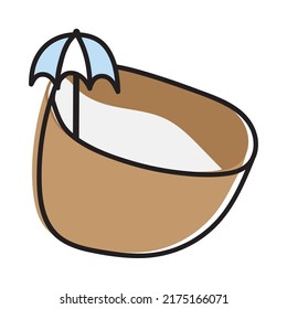 Hand drawn cute summer cartoon illustration of coconut cocktail with straw. Flat vector exotic drink sticker in simple colored doodle style. Fresh beverage icon or print. Isolated on white background.