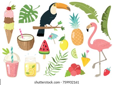 hand drawn cute summer doodle elements (palm, ice-cream, flamingo, pineapple, cocktail, tropical)  