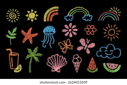 Hand drawn cute summer doodles for kids. Collection of crayon drawing illustrations isolated on black background - flower, watermelon, butterfly. Decorative chalk drawing elements - sun and rainbow. 