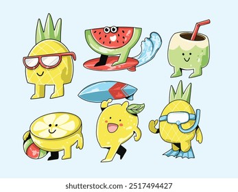 Hand Drawn Cute Summer Fruit Character Set