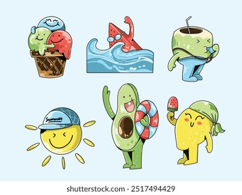 Dibujado a mano lindo juego de caracteres de frutas de verano