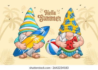 Hand drawn cute summer gnomes in pool disguise holding a surfboard, watermelon, enjoying summer with beach ball and palms on the background