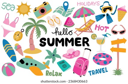 Hand drawn cute summer holiday beach Set elements.