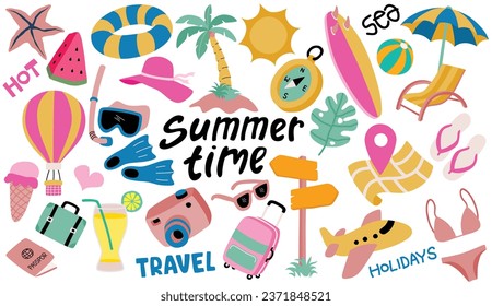 Hand drawn cute summer holiday beach Set elements.