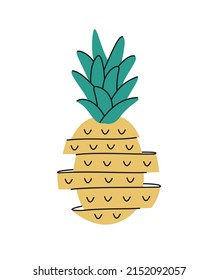 Hand drawn cute summer illustration of sliced pineapple or ananas. Flat vector fresh fruit in simple colored doodle style. Tropical exotic raw food icon or print. Isolated on white background.