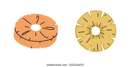 Hand drawn cute summer illustration of two sliced pineapple ring or ananas. Flat vector fresh fruit in simple colored doodle style. Tropical exotic raw food icon or print. Isolated on white background