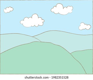 Hand drawn cute summer landscape with hills and sky, vector illustration