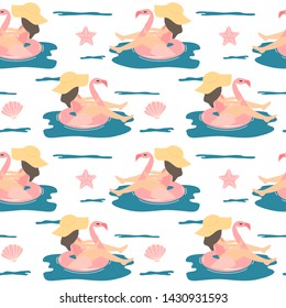 Hand drawn cute summer seamless vector pattern background illustration with beach girl swimming on pink inflatable flamingo float