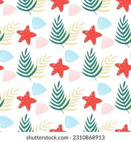 Hand drawn cute summer seamless pattern. Background with sea shells, starfish and palm branches. Tropical print for textile, paper, packaging and design. Simple doodle style, vector illustration