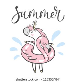 Hand drawn cute summer unicorn isolated on white background. Design element for greeting cards, t-shirt and other. Vector illustration.