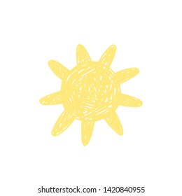 Hand drawn cute sun. Doodle style yellow sunlight element. Object isolated on white background - Vector