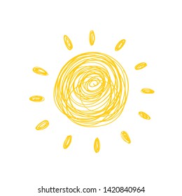Hand drawn cute sun. Doodle style yellow sunlight element. Object isolated on white background - Vector