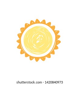 Hand drawn cute sun. Doodle style yellow sunlight element. Object isolated on white background - Vector