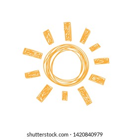 Hand drawn cute sun. Doodle style yellow sunlight element. Object isolated on white background - Vector