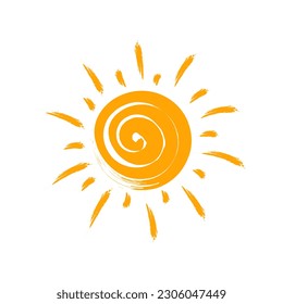 Hand drawn cute sun in doodle style. Grunge brush sun icon isolated on white background. Vector