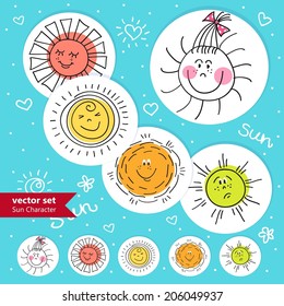 Hand drawn cute sun icons collection