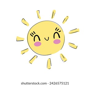 Hand gezeichnet Süße Sonne mit einem Lächeln Vektor-Illustration, Kinder Drucken