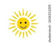 Hand drawn cute sun smiling icon. happy smiling sun. cartoon sun for children. vector illustration