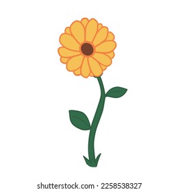 Dibujo manual adorable arte de girasoles, dibujo de flor alta amarilla con centro marrón y dos hojas. Ilustración del vector EPS 10