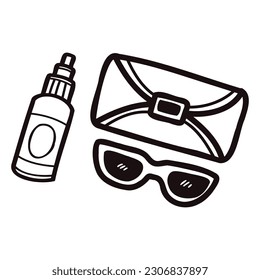 Hand Drawn cute Sunscreen and glasses in doodle style isolated on background