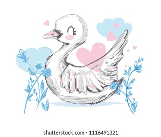 Hand Drawn Cute Swan. 